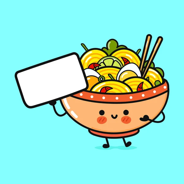 ポスター付きのかわいい面白いラーメン丼 ベクトル手描き漫画カワイイキャラクターイラストアイコン 青い背景に隔離されています ラーメン丼の考え方 — ストックベクタ