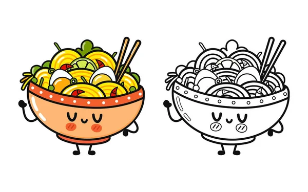 Funny Cute Happy Ramen Bowl Characters Bundle Set Vector Hand — Stock Vector