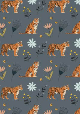 Desen Çin Kaplanı, tropik çiçekler ve elementler