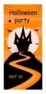 Tepedeki bir evin silueti dolunayın arka planına karşı yarasalarla çevrili.