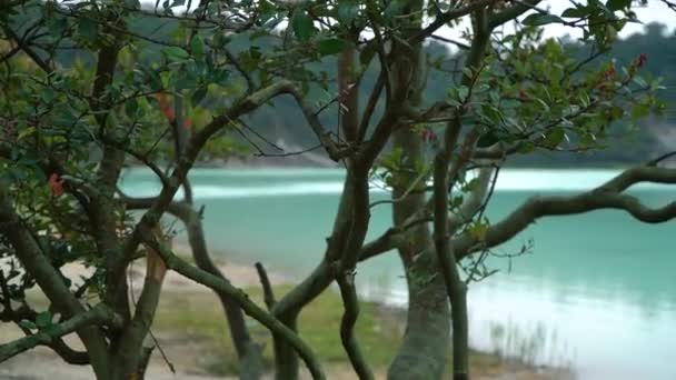 Uitzicht op Talaga Bodas in het toeristische gebied van Garut, Indonesië. Blauw meer natuurlijk landschap. — Stockvideo