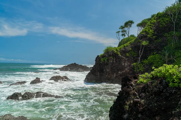 Vista Natural Costa Indonesia Cuando Clima Soleado Karang Tawulan Turismo — Foto de Stock
