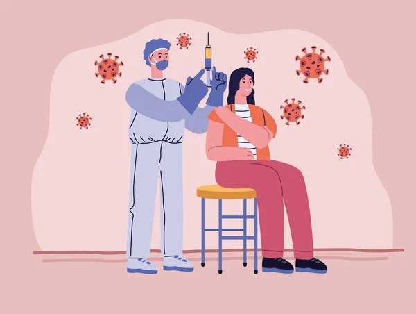 Vrouw en artsen die vaccineren — Stockvector