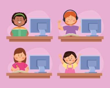 dört öğrenci çevrimiçi kız karakter