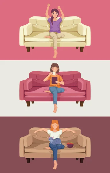 Tres chicas solteras en sofás — Vector de stock