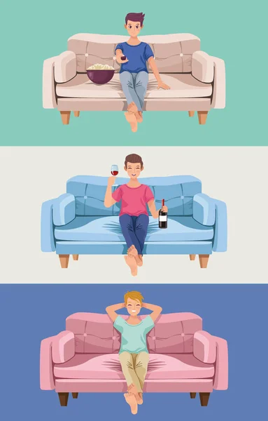 Tres chicos solteros en sofás — Vector de stock