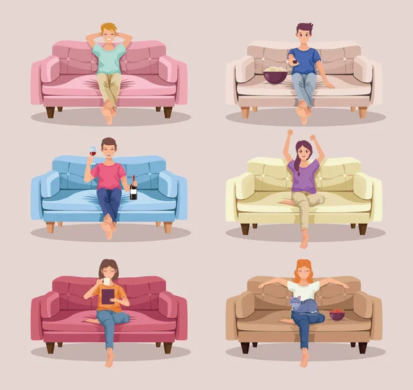 Έξι άτομα μονόκλινα σε καναπέδες — Διανυσματικό Αρχείο