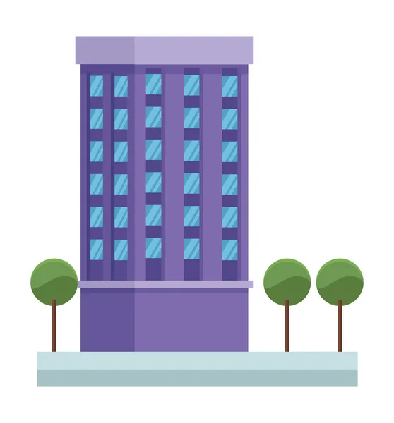 Edificio púrpura y árboles — Vector de stock