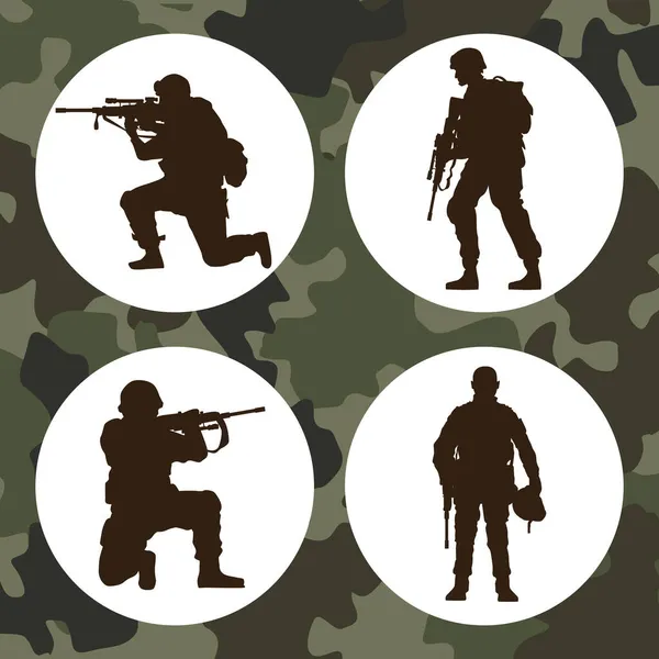 Quatre silhouettes de soldats militaires — Image vectorielle