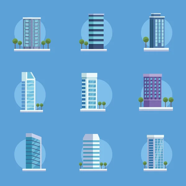 Nueve edificios de la ciudad iconos — Vector de stock