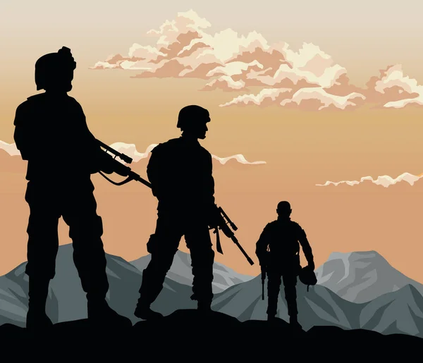 Trois soldats coucher de soleil scène — Image vectorielle