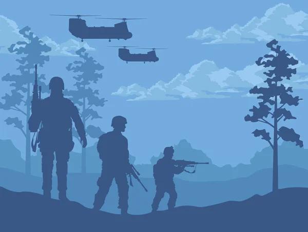 Soldaten en helikopters scene — Stockvector