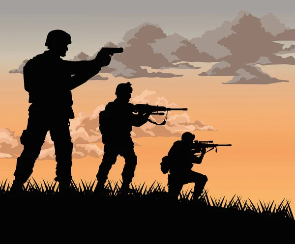 Squad soldaten zonsondergang scène — Stockvector