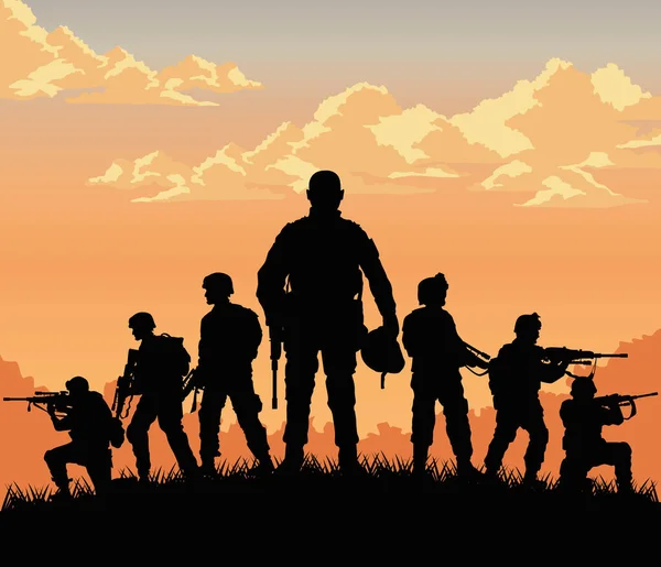 Sept soldats coucher de soleil scène — Image vectorielle