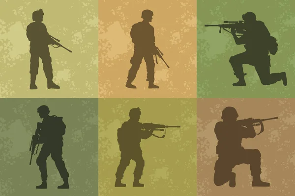 Six silhouettes de soldats militaires — Image vectorielle