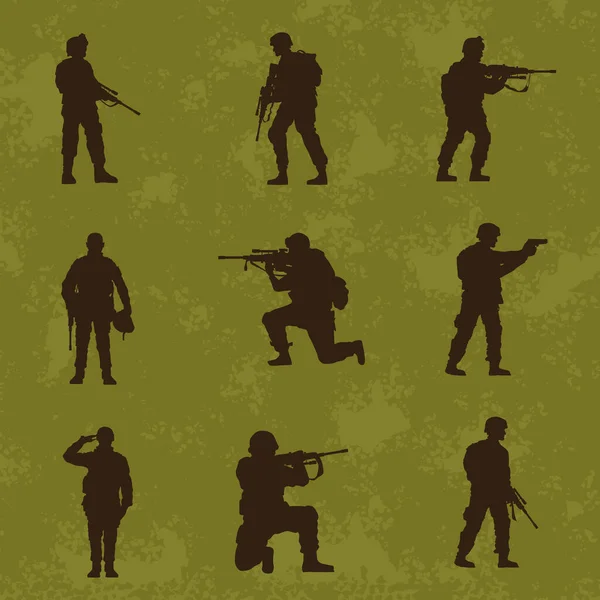 Nove silhouette militari — Vettoriale Stock