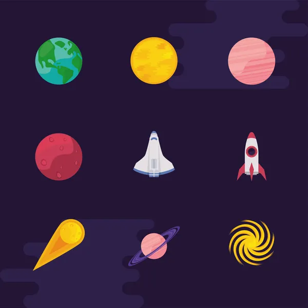 Nueve iconos espaciales universales — Archivo Imágenes Vectoriales