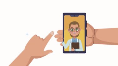 Kadın doktor animasyonunda akıllı telefon kullanan eller.