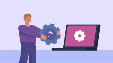 Dişli ve bilgisayarlı bir iş adamı.