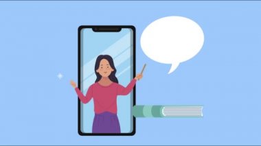 Akıllı telefon ve kitapta öğretmenlik yapan genç bir kadın.