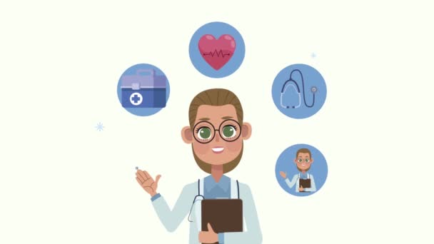 Médico fêmea com ícones médicos animação — Vídeo de Stock