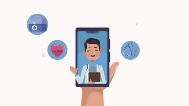 Akıllı telefon tıbbi animasyonunda el kaldırma doktoru — Stok video