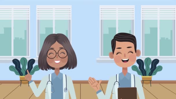 Profesionales pareja médicos personajes animación — Vídeo de stock