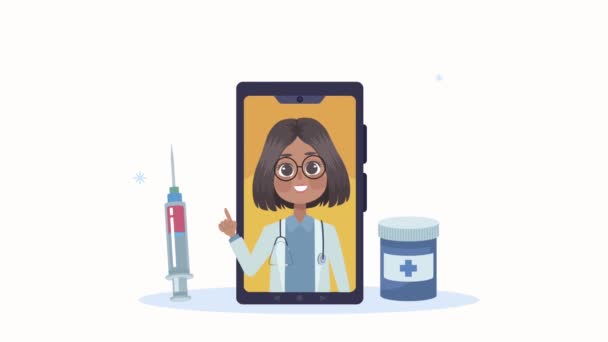 Female doctor in smartphone with syringe animation — Stock Video