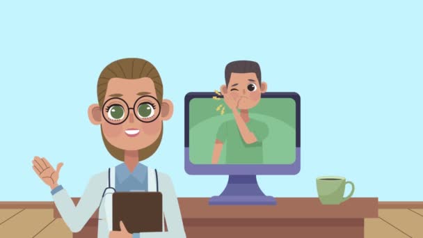 Doctora y paciente en animación de escritorio — Vídeo de stock