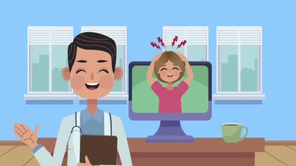 Οικογενειακός ασθενής στην επιφάνεια εργασίας με ιατρική κινούμενη εικόνα γιατρού — Αρχείο Βίντεο