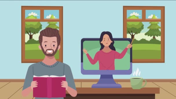 Jong paar met desktop animatie — Stockvideo
