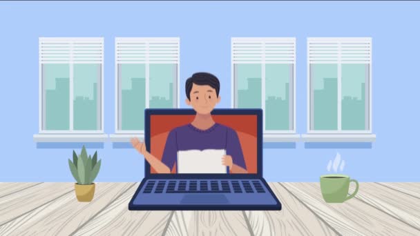 Junger Mann mit Buch in Laptop-Animation — Stockvideo