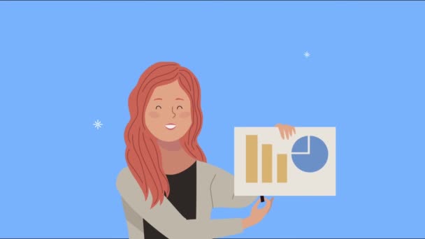 Young woman with statistics graphic animation — Stock Video