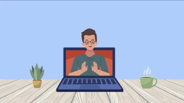 Młody człowiek w animacji postać laptopa — Wideo stockowe
