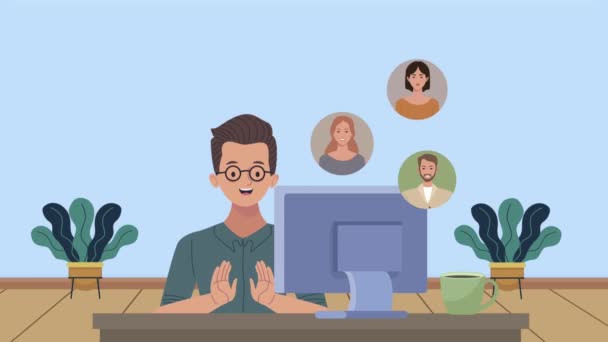 Jovem com desktop e animação comunitária — Vídeo de Stock