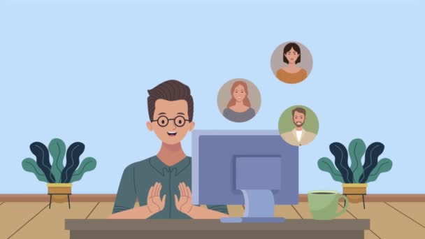 Joven con escritorio y animación comunitaria — Vídeo de stock