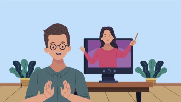 Jóvenes personajes de pareja con animación de escritorio — Vídeo de stock