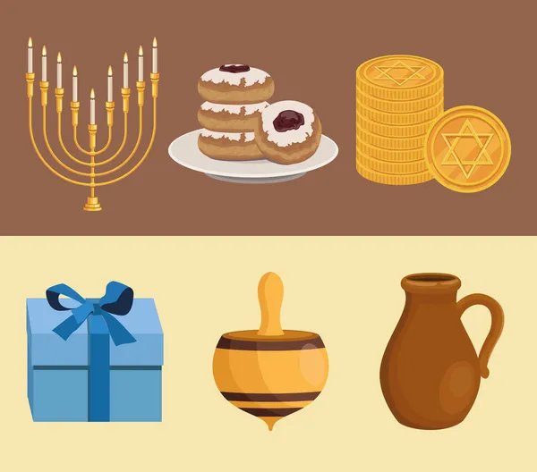 Seis felizes ícones hanukkah — Vetor de Stock