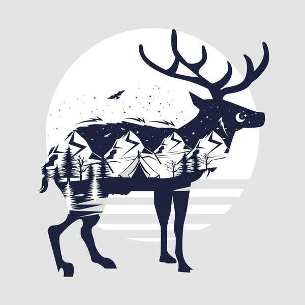 Reindeer animal double exposure — Stock Vector