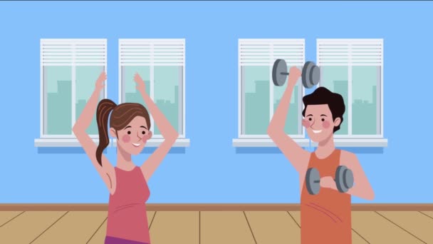 Casal praticando exercício personagens animação — Vídeo de Stock