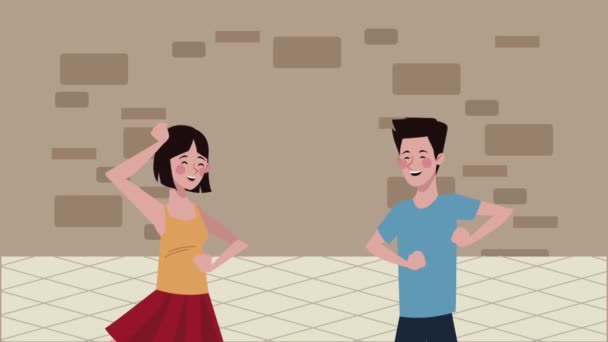 Joven pareja bailando personajes animación — Vídeos de Stock