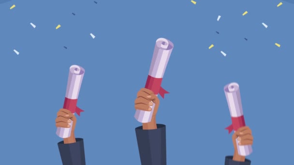 Hands lifting graduation diplomas animation — Stock Video