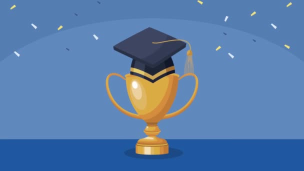 Sombrero de graduación y animación trofeo — Vídeo de stock