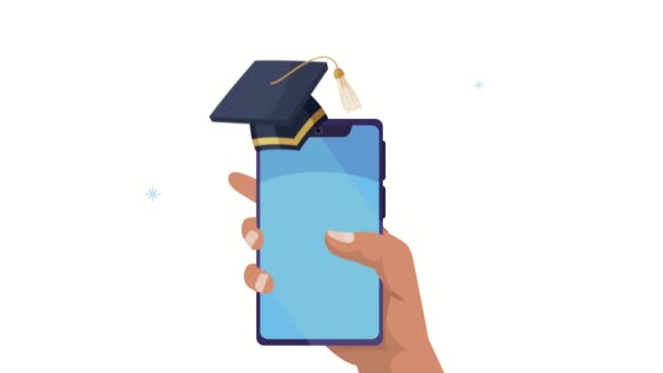 Hand with smartphone and hat online graduation — Stock Video