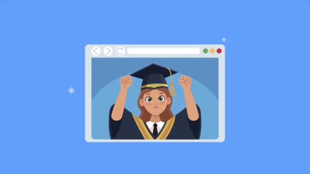 Chica graduada en la página web de graduación en línea — Vídeo de stock