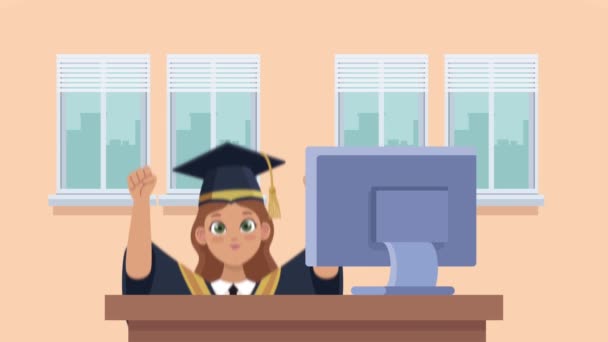 Flicka examen med skrivbordsscen online examen — Stockvideo