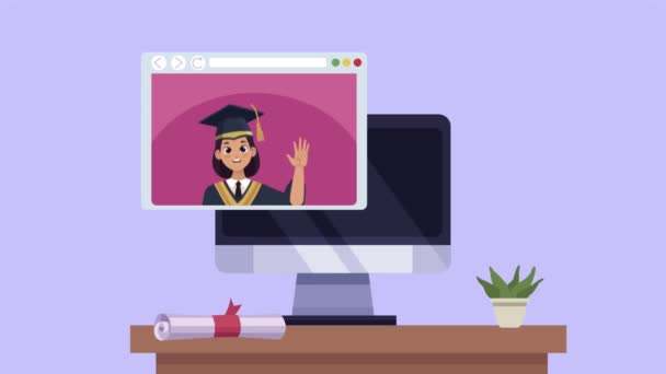 Diplomás lány honlapon és asztali online ballagás — Stock videók