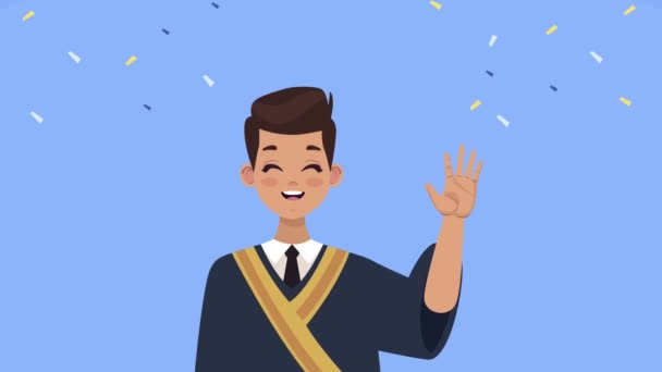 Chico graduado celebrando animación de personajes — Vídeo de stock