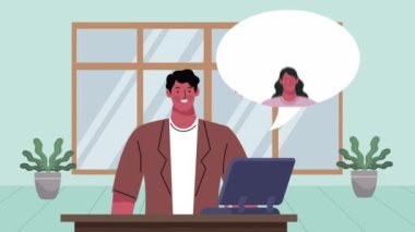 laptop kullanan bir adamla video konferans animasyonu