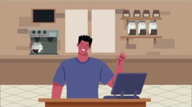 Dizüstü bilgisayar kullanan erkek işçilerle video konferans animasyonu